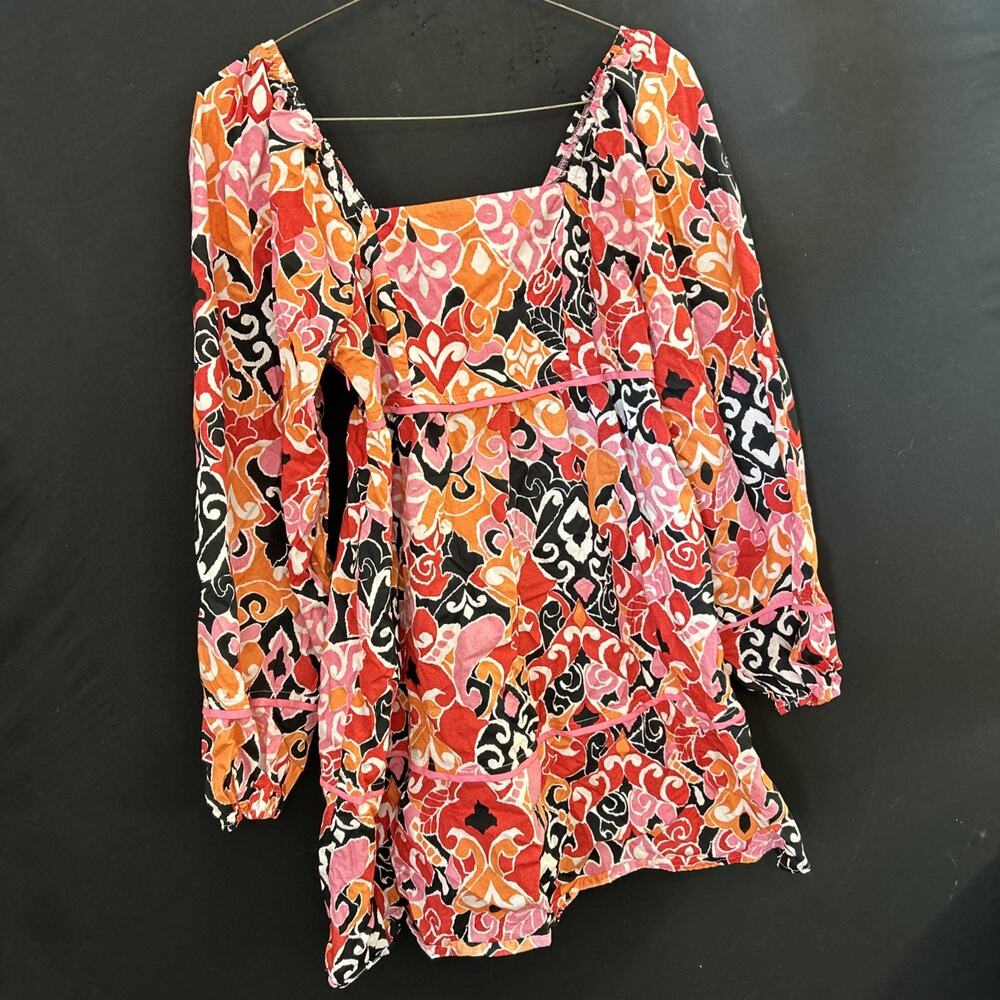 Bold Print Retro Mini Dress Tunic Puff Sleeves Square Neck Cotton Size M Boho